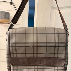 Coach Gray Plaid Messenger Bag with Brown Leather Trim